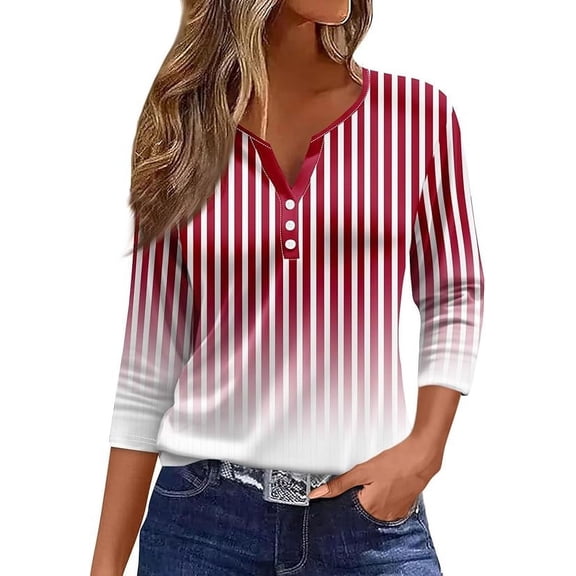 Women's V Neck 3/4 Sleeve Tops Button Down Casual T Shirts Cute Floral Print Shirts Loose Fit Summer Dressy Casual Blouses Basic Work T-Shirts