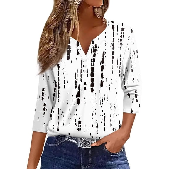 Women's V Neck 3/4 Sleeve Tops Button Down Casual T Shirts Cute Floral Print Shirts Loose Fit Summer Dressy Casual Blouses Basic Work T-Shirts
