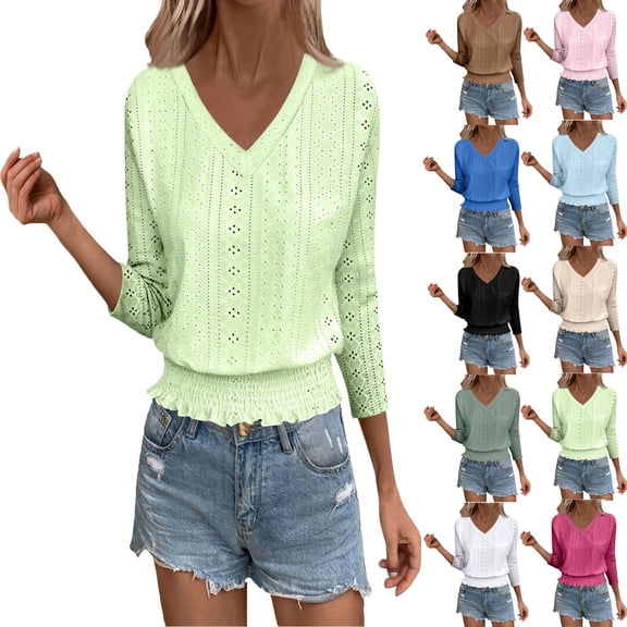 Women's V Neck 3/4 Sleeve Tops Casual T Shirts Basic Summer Tees Loose Fit Pullover Tunic Fashion Women's Comfortable Solid Color Soft Breathable Blouse Elastic Hem Waist-Cinching Blouses
