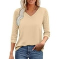 thumbnail image 1 of Women's V Neck 3/4 Sleeve Tops Floral Lace Patchwork Solid Color Casual Fashion Tshirts Blouses Spring Fall (M, Beige), 1 of 7