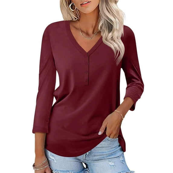 Women's V Neck 3/4 Sleeve Tops Solid Casual Shirts Summer Tees Womens Long Sleeve Tops Polyester Women Sports T Shirt Tops Loose Athletic Wear Tops for Women T Short Solid T Shirt Women Turtleneck Tee