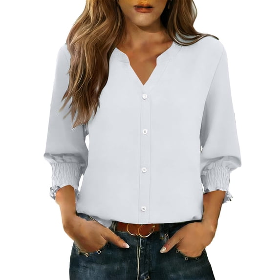 Women's V-Neck 3/4 Sleeve Tunic Tops Ruffled Cuffs Front Button Shirts Loose Fit Casual Spring Summer Outgoing Office Home Daily Wear