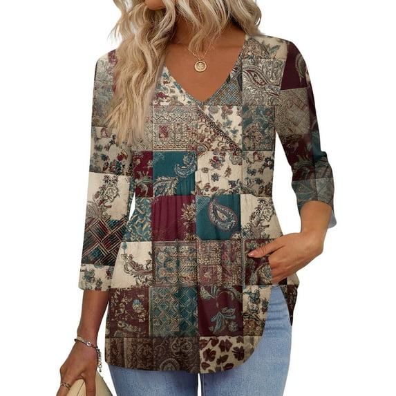 Women's V Neck 3/4 Sleeve Tunic Tops for Leggings Casual Dressy T-Shirts Blouses Beige XL