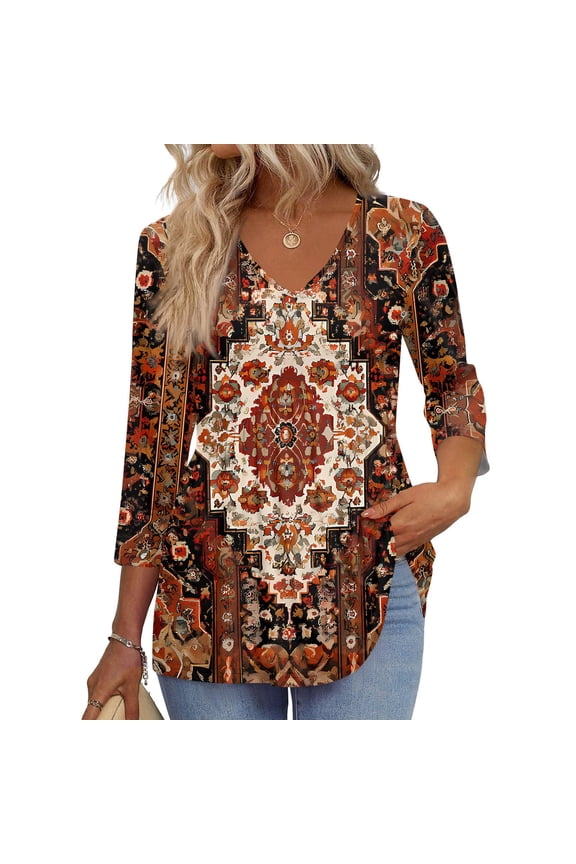 Women's V Neck 3/4 Sleeve Tunic Tops for Leggings Casual Dressy T-Shirts Blouses Light Brown 2XL