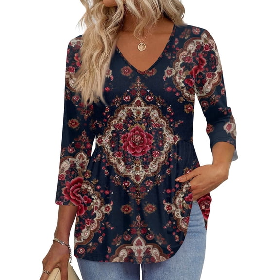Women's V Neck 3/4 Sleeve Tunic Tops for Leggings Casual Dressy T-Shirts Blouses Red L