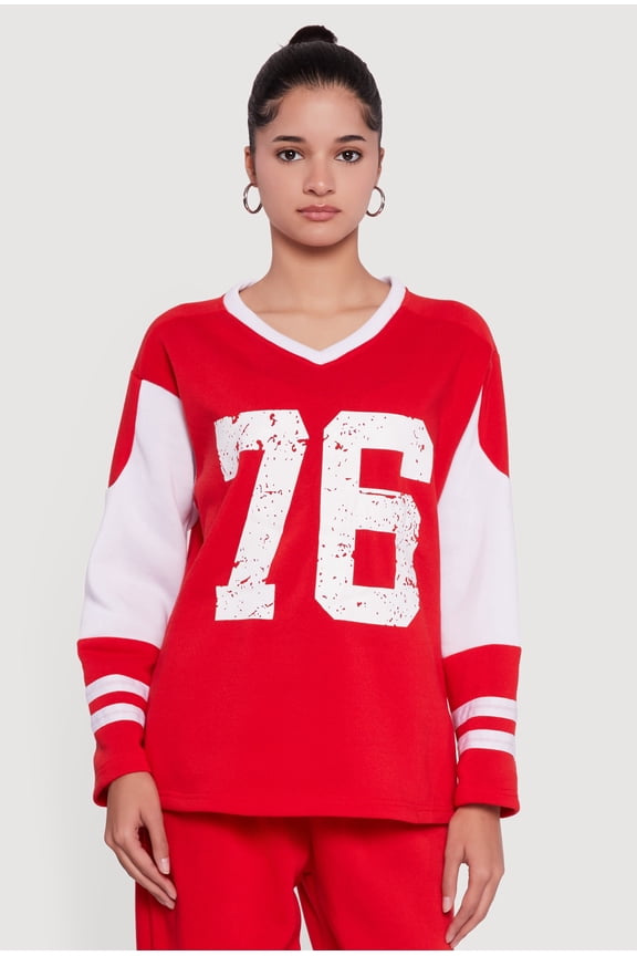 Women's V Neck 76 Graphic Varsity Stripe Sweatshirt