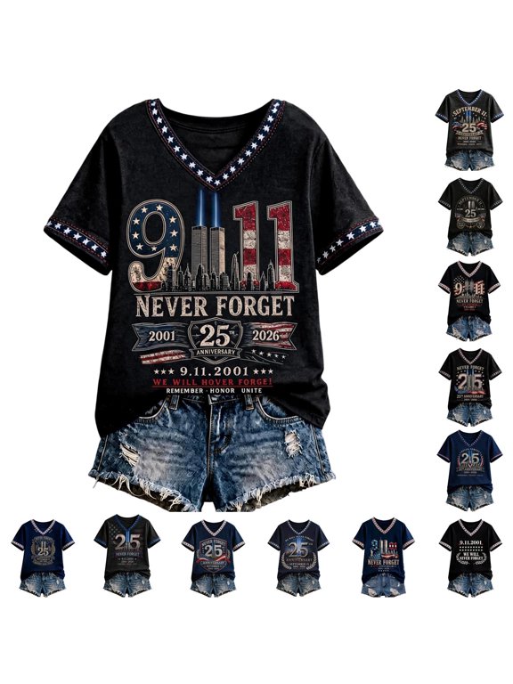 Women’s V‑Neck 9/11 25th Anniversary T‑Shirt, 2001‑2026 25th Anniversary Never Forget Memorial Tee Tops American Flag Patriotic Faith Hope Honor Short Sleeve Graphic Tees for Women