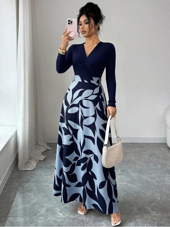 Women's V-Neck A-Line Dress, Leaf Print Patchwork Long Sleeve Dress