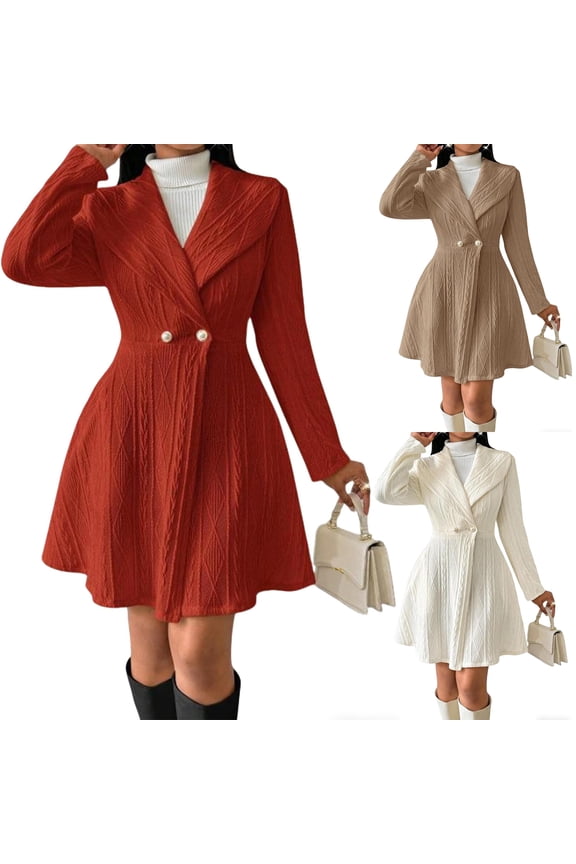 Women's V-Neck A-Line Knitted Cardigan Sweater Dress Long Sleeve Solid Color with Buttons for Fall and Winter, Perfect for Holiday Parties and Special Occasions, Elegant and Comfortable,White,XL