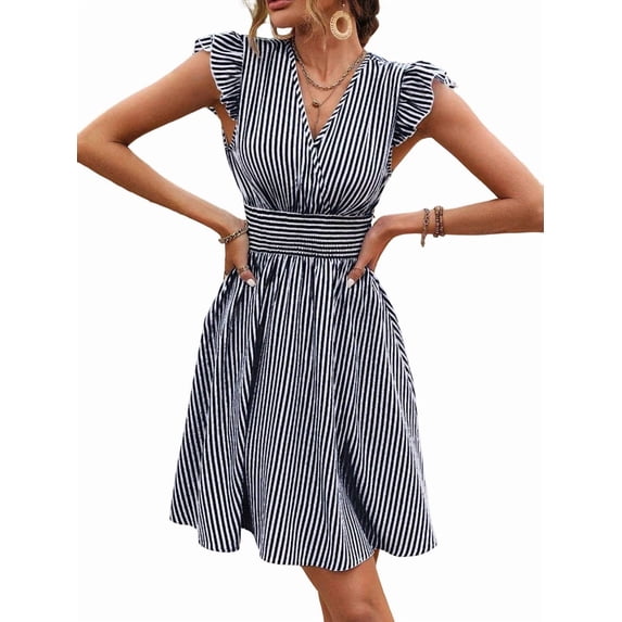 Women's V Neck A Line Striped Ruffle Flowy Mini Dresses Dress for Summer Beach Party Black XL