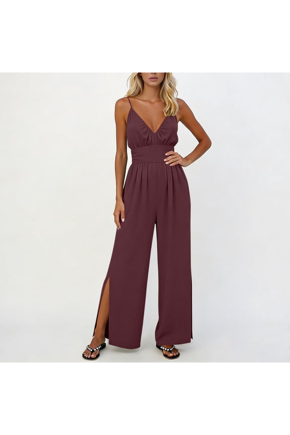 Women’s V Neck Adjustable Strap Side Slit Jumpsuit with Pockets, Wide Leg Romper for Summer Beach Vacation and Daily