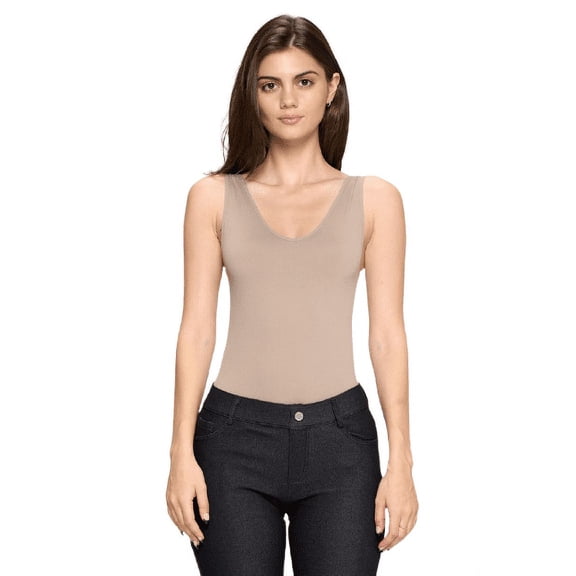 Women's V-Neck Basic Tank Top Bodysuit, Light Mocha, One Size, 1pc.