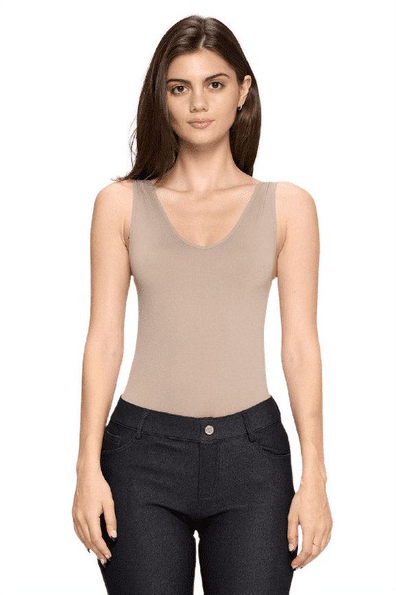 Women's V-Neck Basic Tank Top Bodysuit, Light Mocha, One Size, 1pc.