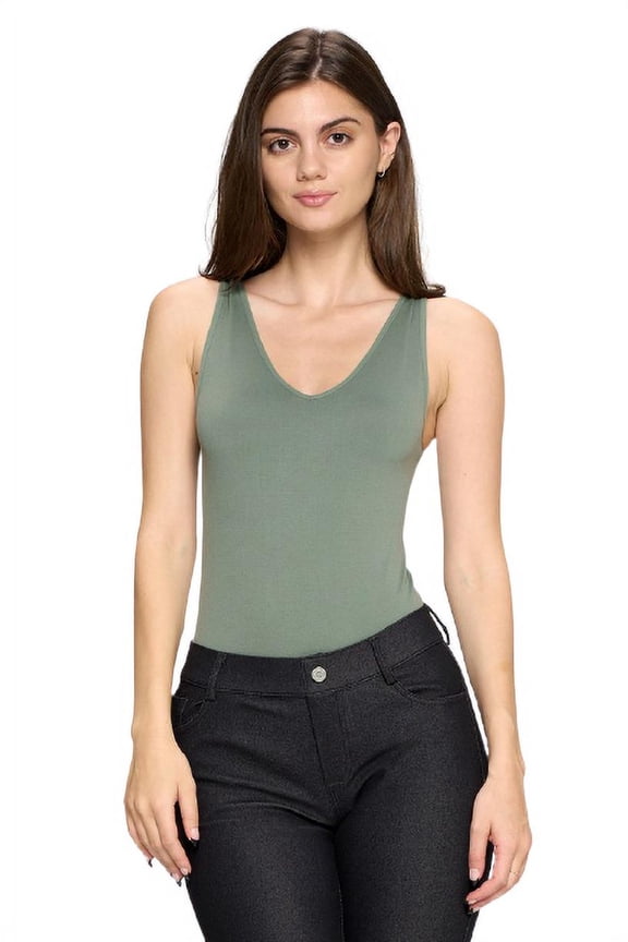 Women's V-Neck Basic Tank Top Bodysuit, Smoky Olive, One Size, 1pc.