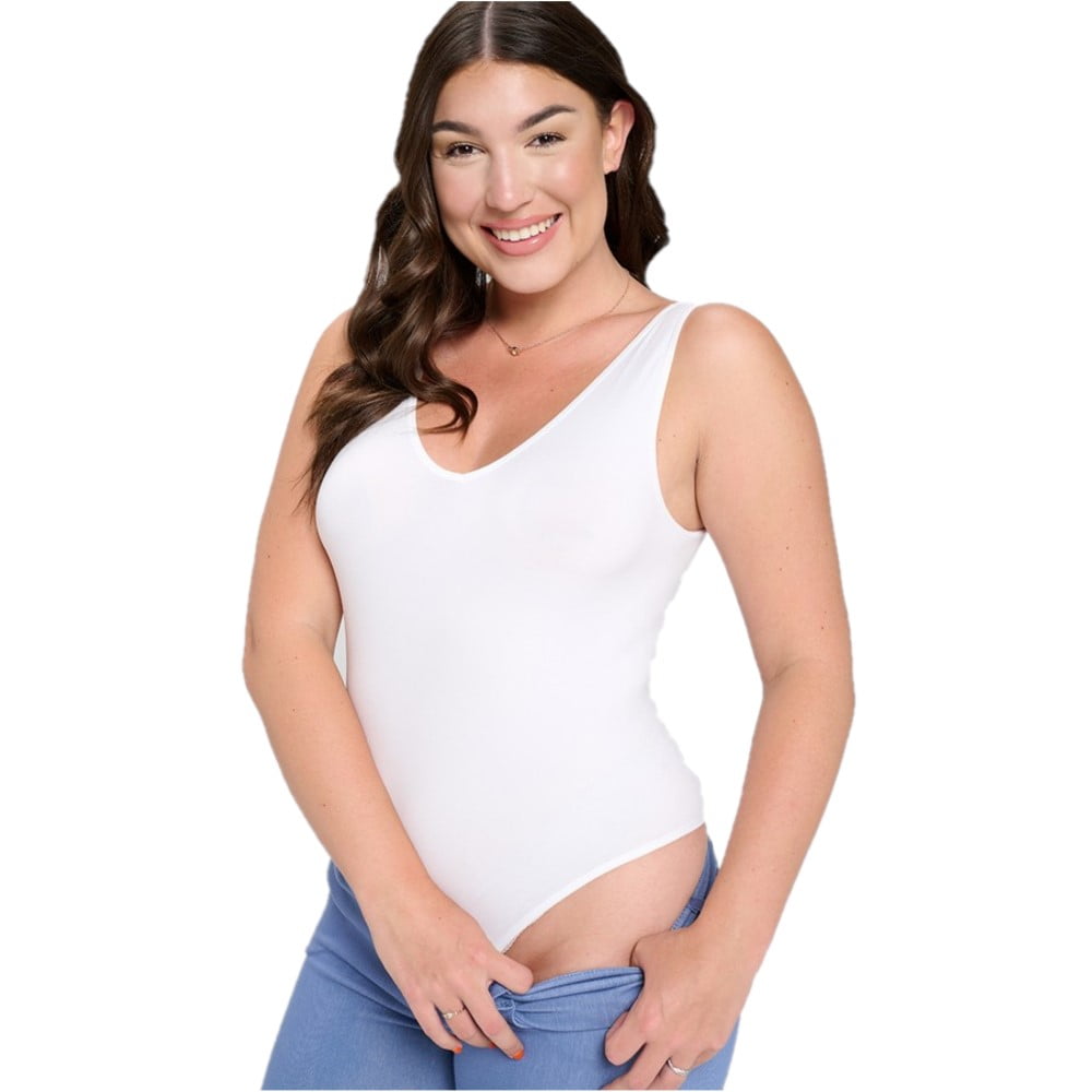 Women's White Basic V Neck Bodysuit
