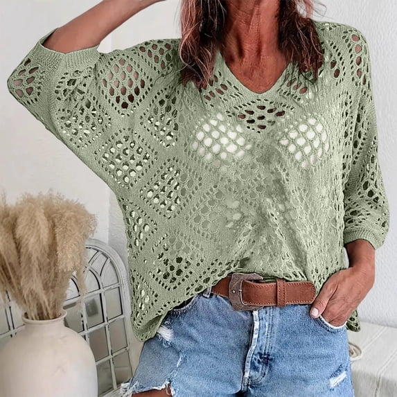 Women's V-Neck Batwing Sleeve Crochet Knit Beach Cover-Up Top, Hollow Out Loose Tunic, Lightweight Swimwear for Pool, Beach, Vacation and Casual Wear Green XXXL