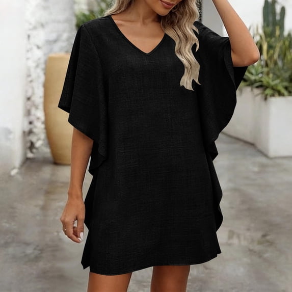Women's V Neck Batwing Sleeve Swimsuit Cover Up Loose Casual Pullover Ruffle Beach Dress for Summer Vacation Black S