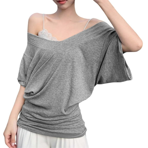 Women's V Neck Batwing Sleeve T-Shirt Summer Casual Blouse with Ruffle Detail Loose Fit Top for Jeans Summer Women Shirts Casual Tunic Tops Tees