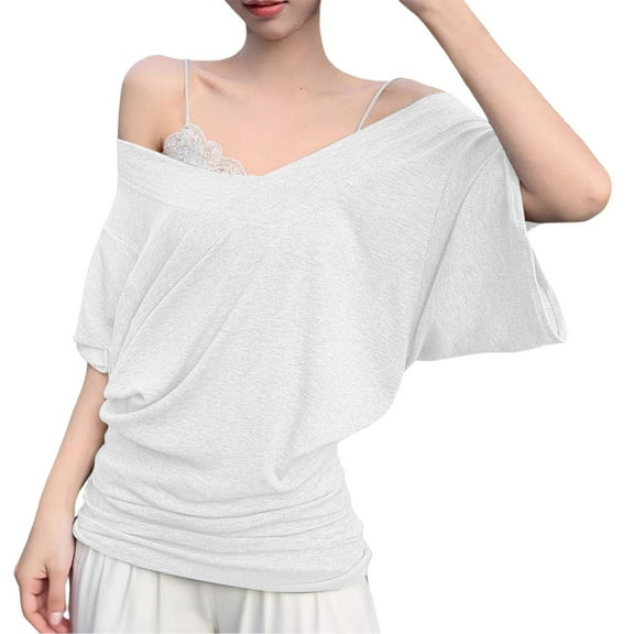 Women's V Neck Batwing Sleeve T-Shirt Summer Casual Blouse with Ruffle Detail Loose Fit Top for Jeans Summer Women Shirts Casual Tunic Tops Tees