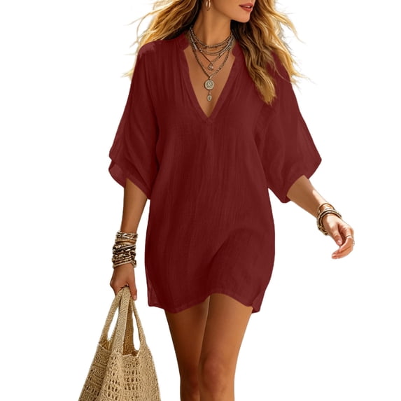 Women's V Neck Beach Cover Up Loose 3/4 Sleeve Tunic Top for Swimwear