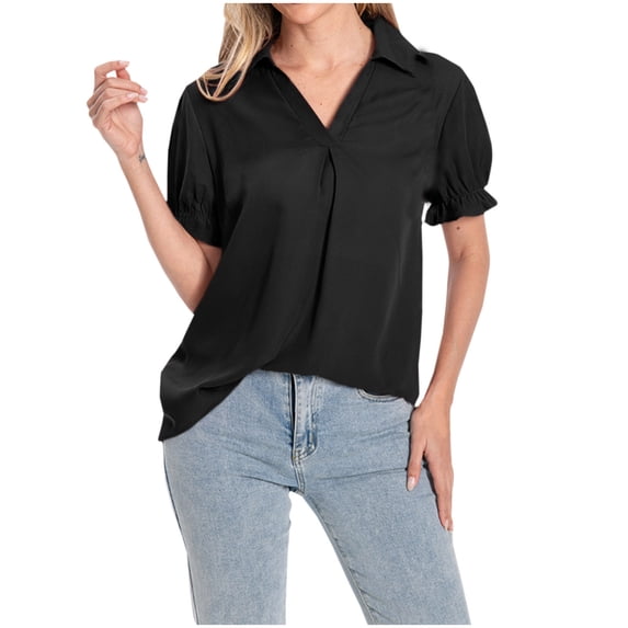 Women's V Neck Blouse Comfy Casual Shirts Vintage Summer Clothes for Teen Girls Short Sleeve Loose Fit Flowy Tunic Tops Dressy Casual Tops for Lady Solid Color Fashion 2024 Black T Shirts XL