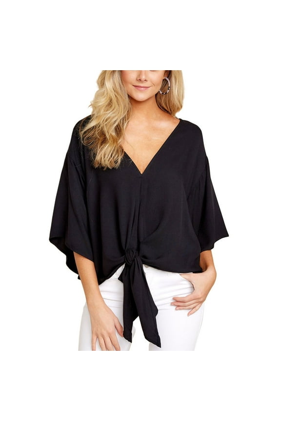 Women's V Neck Blouse Cotton Flowy Baggy Tie Waist Top Floral Boho Shirt Soft Peasant Short Sleeve Casual Fashion Loose Fit Black 12-14