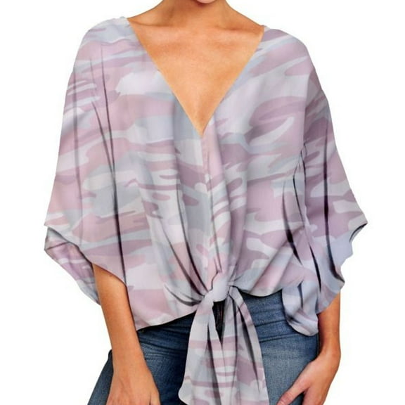Women's V Neck Blouse Cotton Flowy Baggy Tie Waist Top Floral Boho Shirt Soft Peasant Short Sleeve Casual Fashion Loose Fit Camoflage 8-10