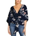 thumbnail image 1 of Women's V Neck Blouse Cotton Flowy Baggy Tie Waist Top Floral Boho Shirt Soft Peasant Short Sleeve Casual Fashion Loose Fit Navy 24, 1 of 4