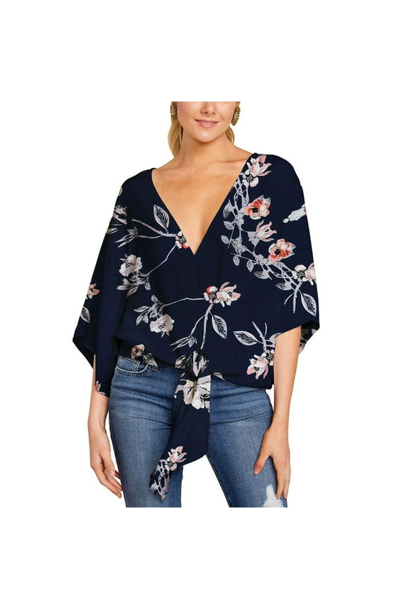 Women's V Neck Blouse Cotton Flowy Baggy Tie Waist Top Floral Boho Shirt Soft Peasant Short Sleeve Casual Fashion Loose Fit Navy 8-10
