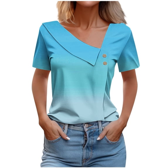 Women's V Neck Blouse Dressy Casual Tops for Lady Comfy Casual Shirts Fashion 2024 Vintage Short Sleeve Loose Fit Flowy Tunic Tops Gradient Color Summer Clothes for Teen Girls Sky Blue T Shirts S