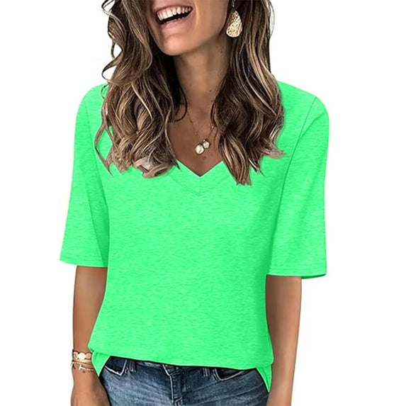Women's V Neck Blouse Dressy Casual Tops for Lady Long Sleeve Loose Fit Flowy Tunic Tops Summer Clothes for Teen Girls Fashion 2024 Vintage Solid Color Spring Elegant Shirts Green T Shirts S