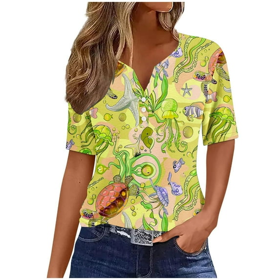 Women's V Neck Blouse Dressy Casual Tops for Lady Summer Clothes for Teen Girls Fashion 2024 Short Sleeve Loose Fit Flowy Tunic Tops Button up Vintage Floal Printing Yellow T Shirts XL