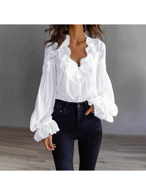 Women's V-Neck Blouse, Elegant Solid Color Lace Trim Top with Puff Sleeve Design, Loose Fit Casual Pullover T-Shirt for Spring and Summer Artistic Fashion Outfits and Special Occasions White S