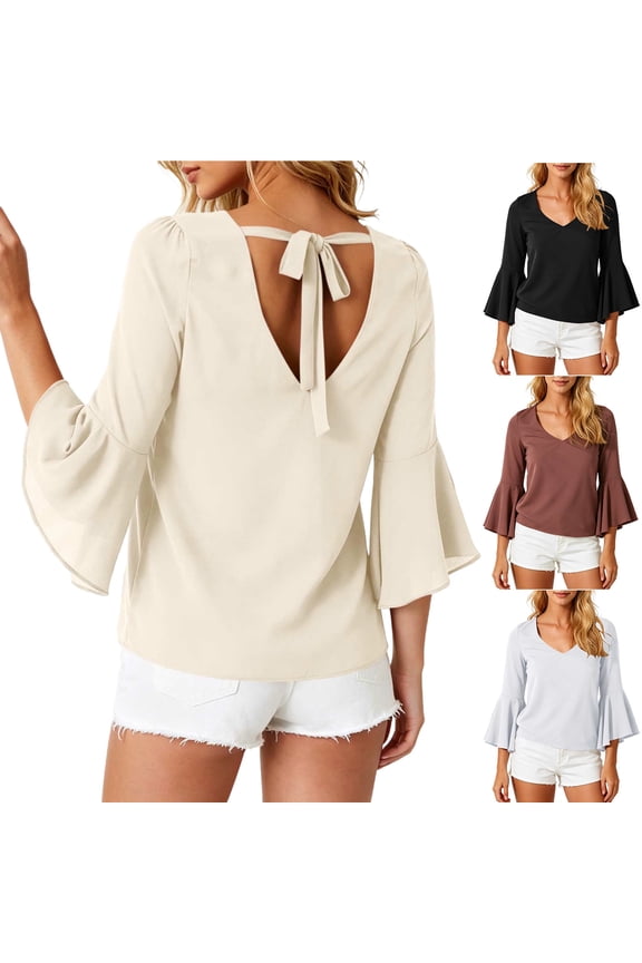 Women's V Neck Blouse Flared 3/4 Sleeve with Tie Back, Loose Fit Casual Tunic Top for Ladies Vacation Wear White