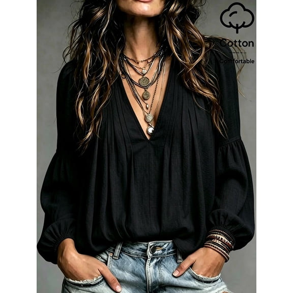 Women's V Neck Blouse Puff Sleeve Pleated Loose Fit Peasant Top