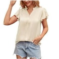 thumbnail image 1 of Women's V Neck Blouse Short Ruffle Sleeve Ladies Work Shirts Solid Color Casual Comfy Summer Tops Office Blouses Tunics, 1 of 5
