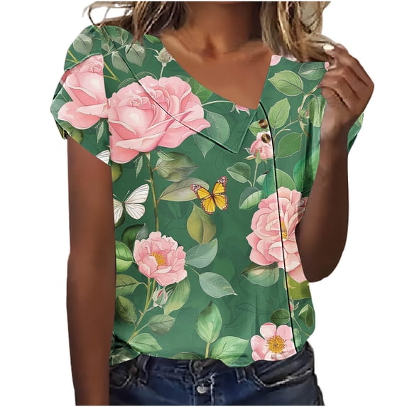 Women's V Neck Blouse Y2K Tops Dressy Casual Fashion 2024 Short Sleeve Tunic Tops for Lady Loose Fit Flowy Vintage Comfy Casual Shirts Summer Clothes for Teen Girls Flora Print Green T Shirts XXXL
