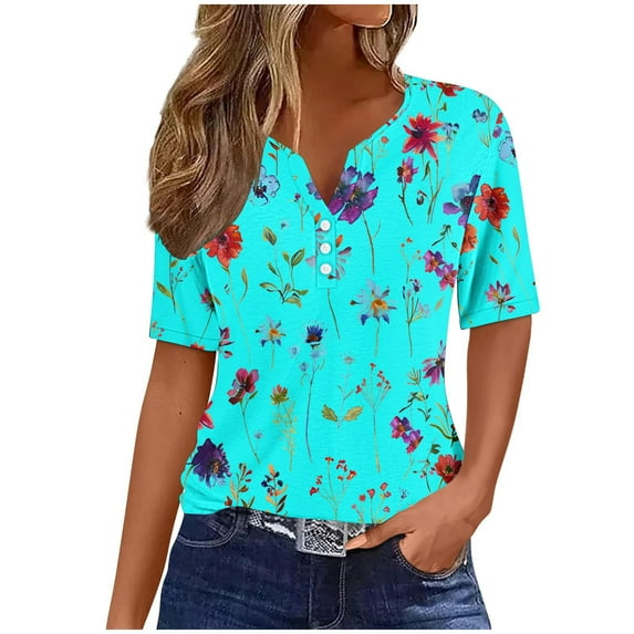 Women's V Neck Blouse Y2K Tops Dressy Casual Summer Clothes for Teen Girls Fashion 2024 Button up Vintage Floal Printing Short Sleeve Tunic Tops for Lady Loose Fit Flowy Mint Green T Shirts S