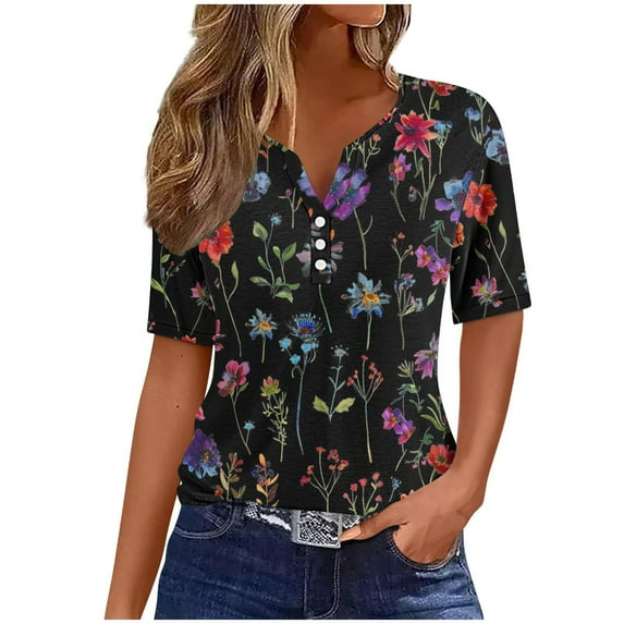 Women's V Neck Blouse Y2K Tops Dressy Casual Summer Clothes for Teen Girls Fashion 2024 Button up Vintage Short Sleeve Tunic Tops for Lady Loose Fit Flowy Floal Printing Black T Shirts M