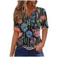 thumbnail image 1 of Women's V Neck Blouse Y2K Tops Dressy Casual Summer Clothes for Teen Girls Fashion 2024 Floal Printing Short Sleeve Tunic Tops for Lady Loose Fit Flowy Vintage Button up Black T Shirts XXL, 1 of 5