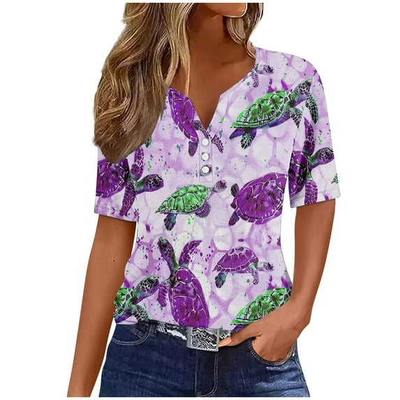 Women's V Neck Blouse Y2K Tops Dressy Casual Summer Clothes for Teen Girls Fashion 2024 Short Sleeve Tunic Tops for Lady Loose Fit Flowy Floal Printing Button up Vintage Purple T Shirts XXXL