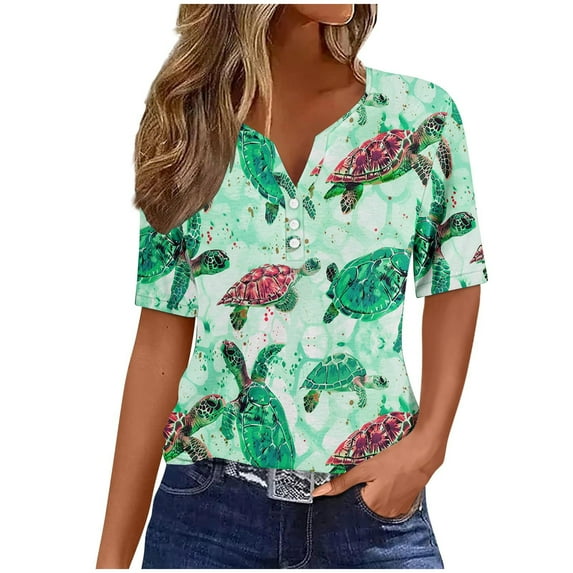 Women's V Neck Blouse Y2K Tops Dressy Casual Summer Clothes for Teen Girls Fashion 2024 Short Sleeve Tunic Tops for Lady Loose Fit Flowy Floal Printing Vintage Button up Green T Shirts XXL