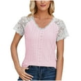 thumbnail image 1 of Women's V Neck Blouse Y2K Tops Dressy Casual Summer Clothes for Teen Girls Spring Elegant Shirts Solid Color Long Sleeve Patchwork Lace Tunic Tops Loose Fit Flowy Fashion 2024 Vintage Pink T Shirts S, 1 of 7