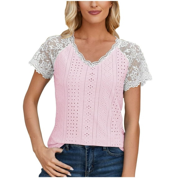Women's V Neck Blouse Y2K Tops Dressy Casual Summer Clothes for Teen Girls Spring Elegant Shirts Solid Color Long Sleeve Patchwork Lace Tunic Tops Loose Fit Flowy Fashion 2024 Vintage Pink T Shirts S