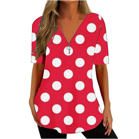 Women's V Neck Blouse Y2K Tops Dressy Casual Vintage Fashion 2024 Summer Clothes for Teen Girls Comfy Casual Shirts Short Sleeve Tunic Tops Loose Fit Flowy Polka Dot Printing Red T Shirts XXL