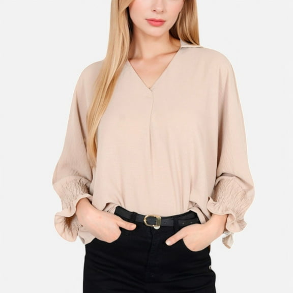Women's V-Neck Blouse with 3/4 Lantern Sleeves and Ruffle Cuffs - Large, Light Beige