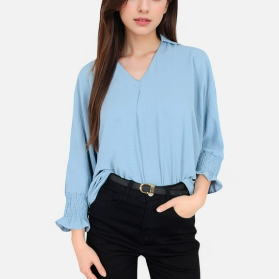 Women's V-Neck Blouse with 3/4 Lantern Sleeves and Ruffle Cuffs - Large, Light Blue