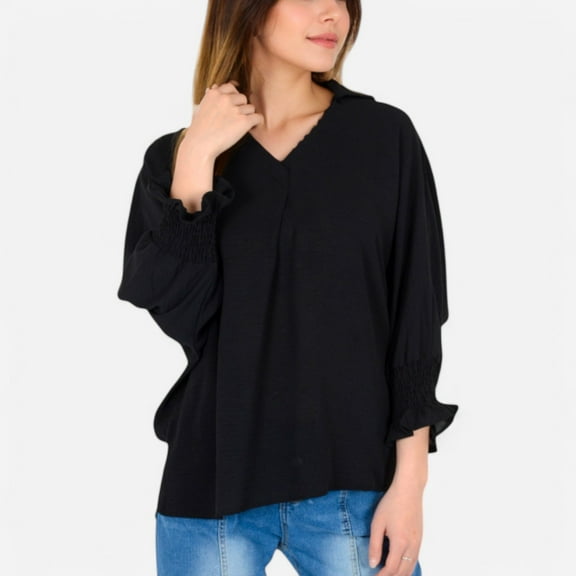 Women's V-Neck Blouse with 3/4 Lantern Sleeves and Ruffle Cuffs - Small, Black