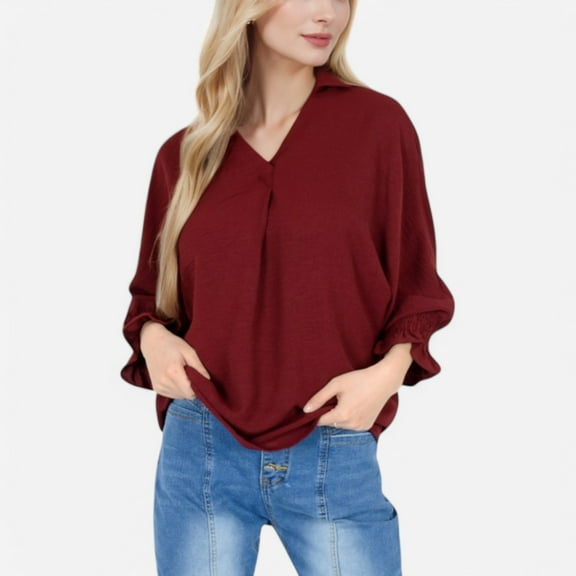 Women's V-Neck Blouse with 3/4 Lantern Sleeves and Ruffle Cuffs - Small, Burgundy