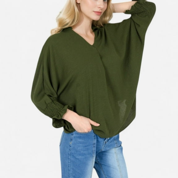 Women's V-Neck Blouse with 3/4 Lantern Sleeves and Ruffle Cuffs - Small, Olive Green